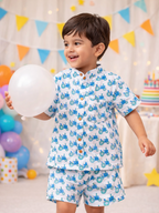 Blue Tractor Block Print Kids Shorts Set