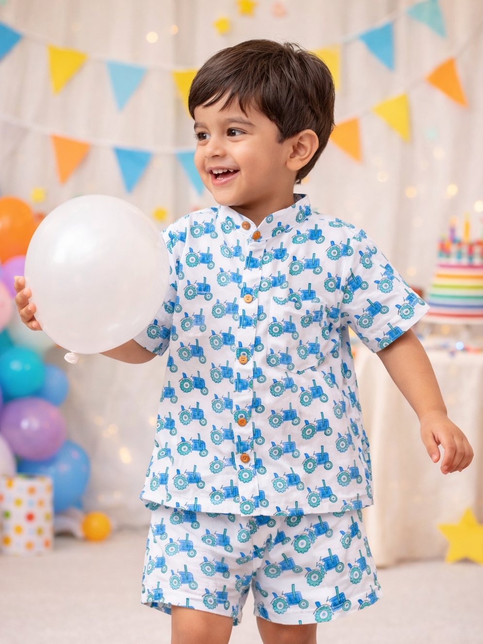 Blue Tractor Block Print Kids Shorts Set