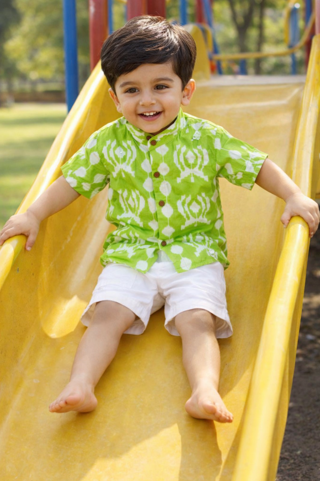 Green Ikat Print Kids Shorts Set