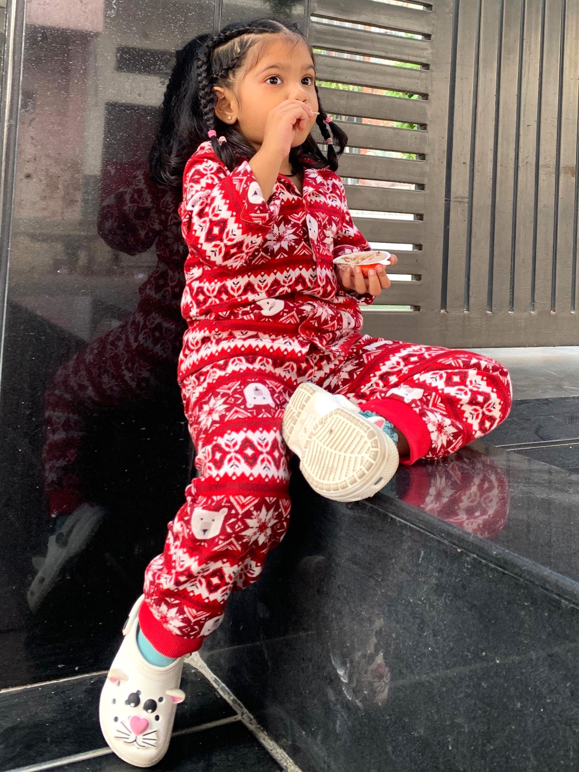 Kids Red Polar Bear Flannel Nightsuit