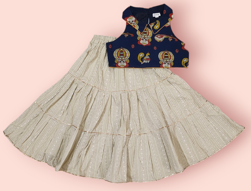 Girls Mask Crop Top With Tiered Lehenga Set