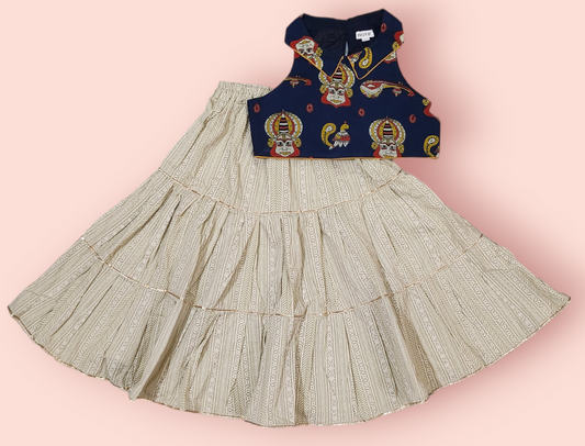 Girls Mask Crop Top With Tiered Lehenga Set