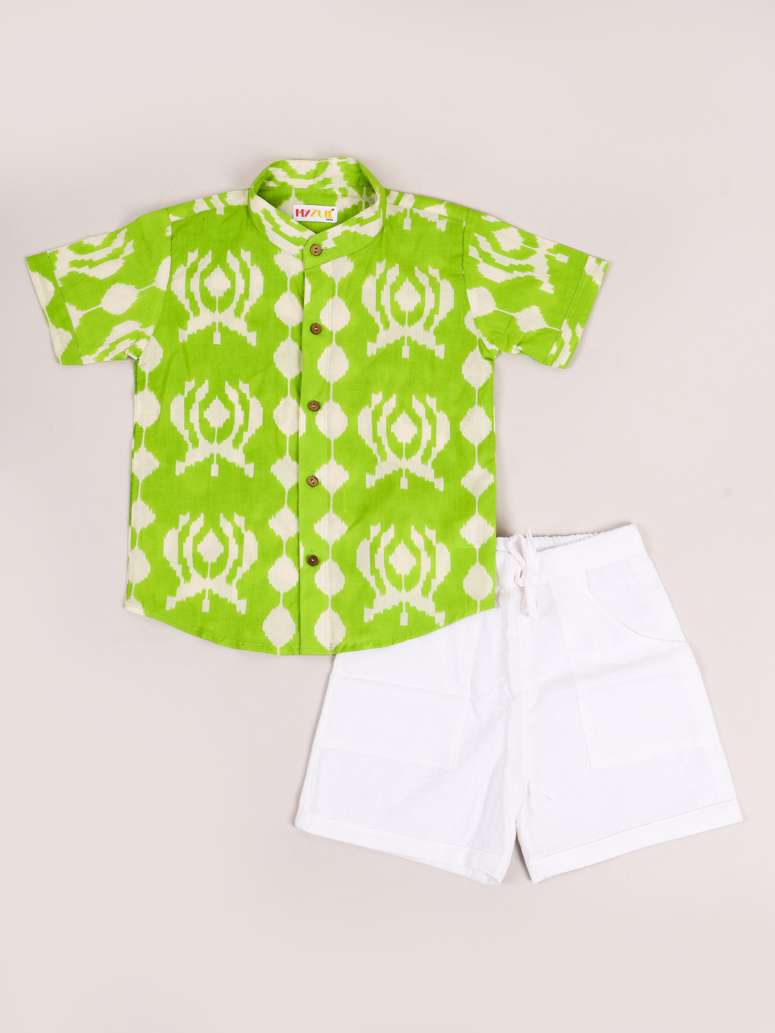 Green Ikat Print Kids Shorts Set