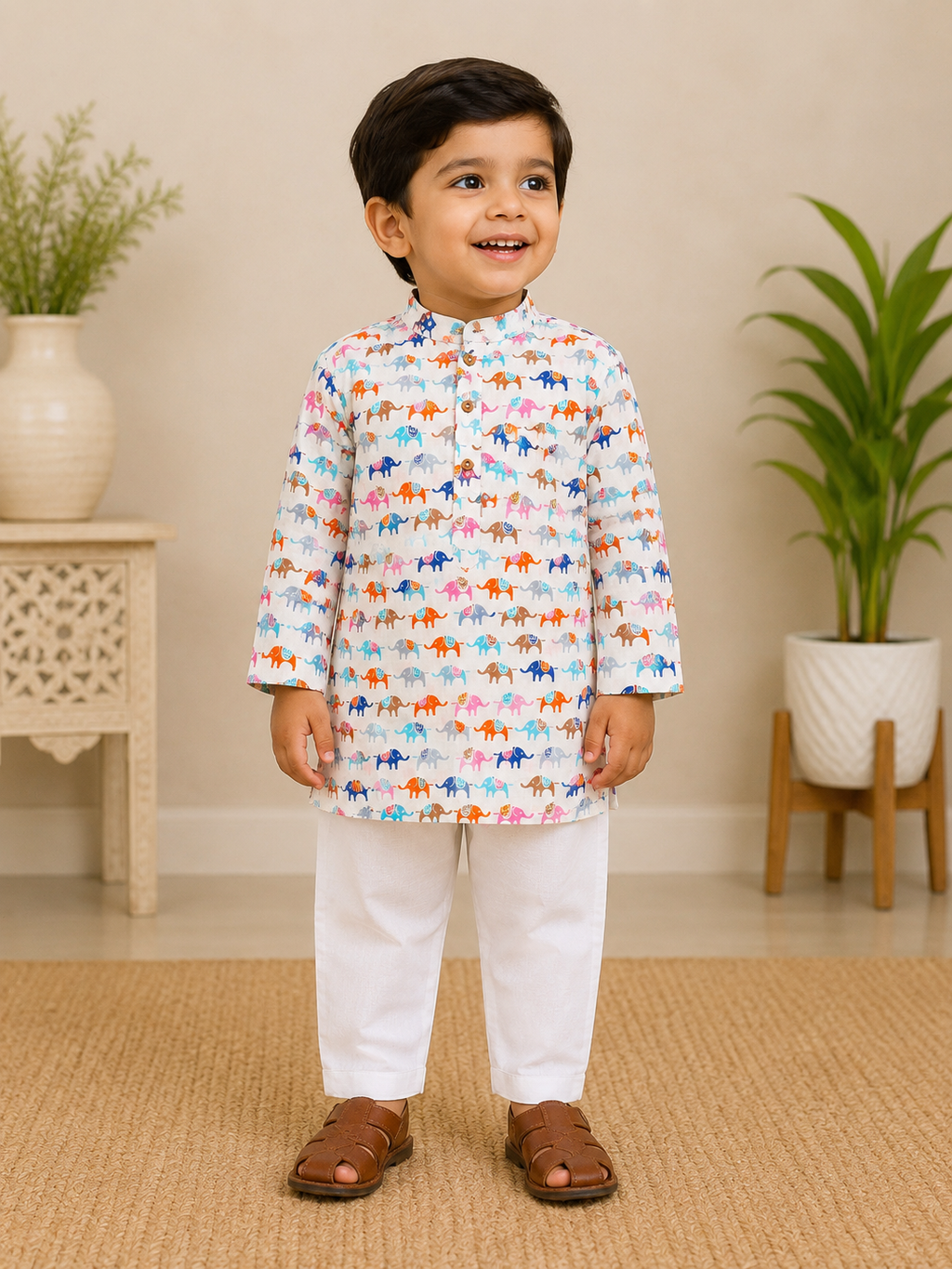 Boys White Blue Pink Elephant Kurta Set