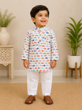 Boys White Blue Pink Elephant Kurta Set