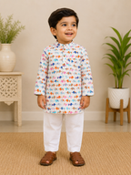 Boys White Blue Pink Elephant Kurta Set