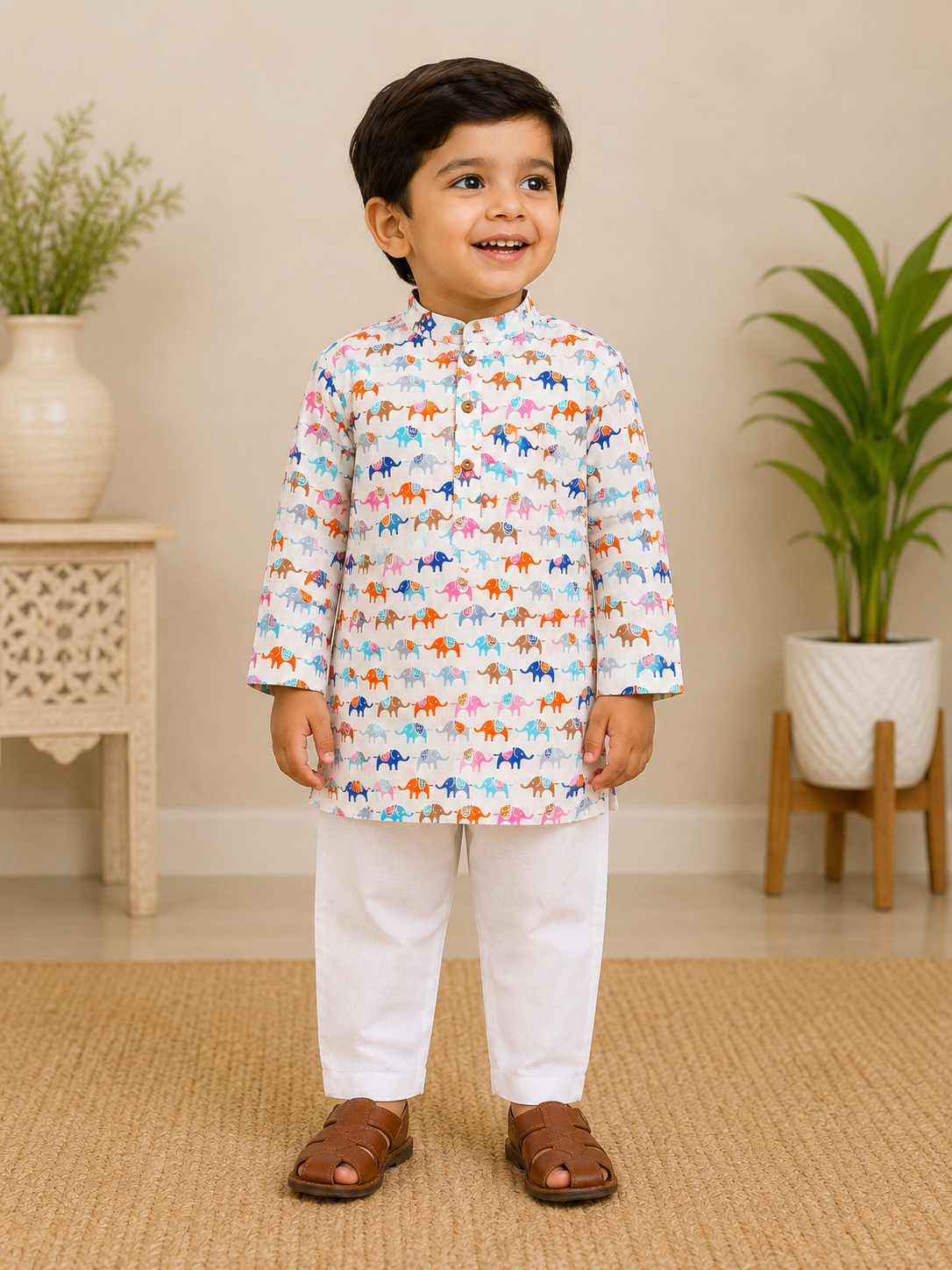 Boys White Blue Pink Elephant Kurta Set