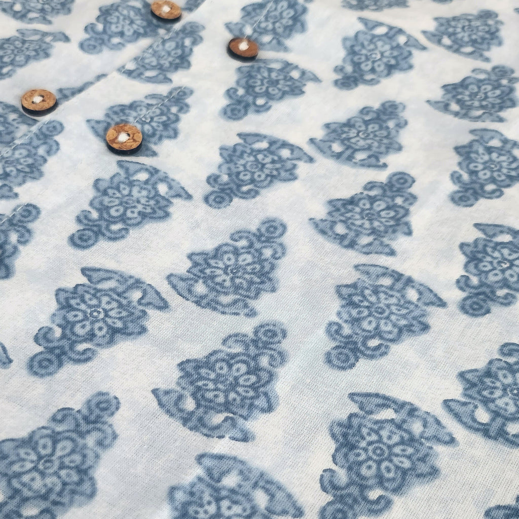 Boys White Motif Full Sleeves Mandarin Collar Double Button Shirt