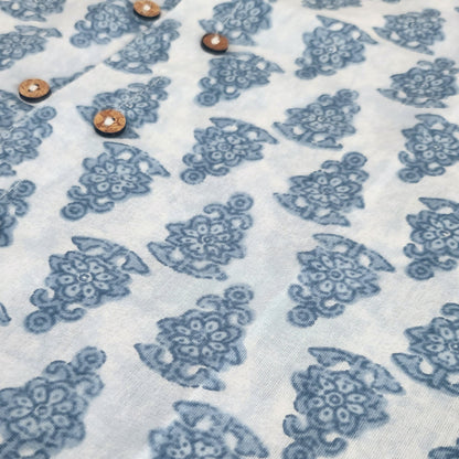 Boys White Motif Full Sleeves Mandarin Collar Double Button Shirt