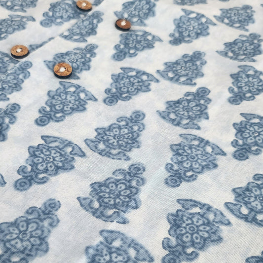 Boys White Motif Full Sleeves Mandarin Collar Double Button Shirt