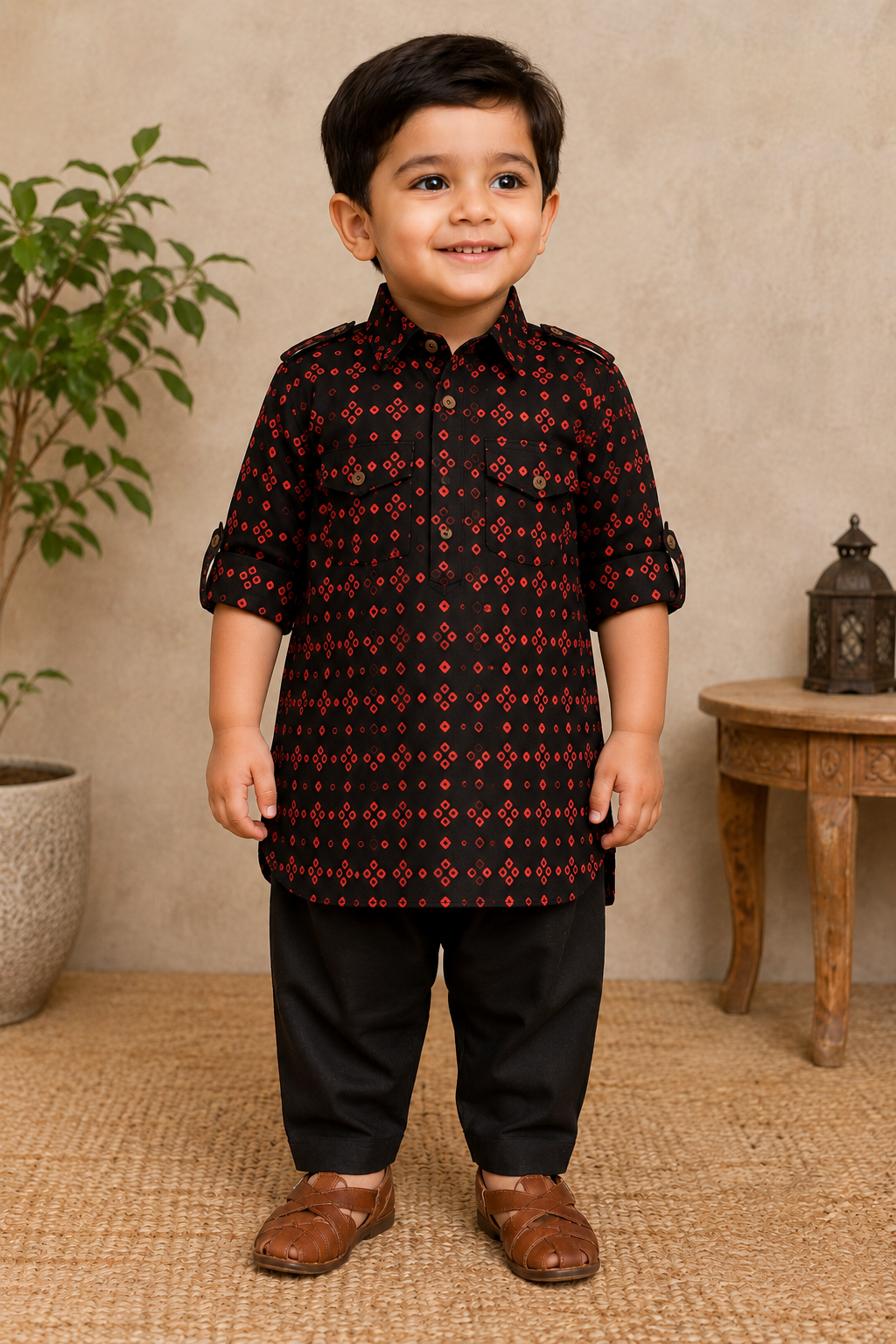 Boys Black Bandhej Pathani Set