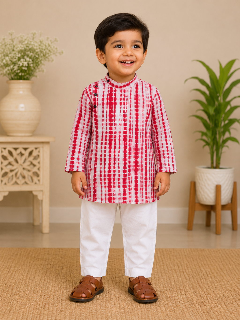 Boys Red Shibori Awadh Kurta Set