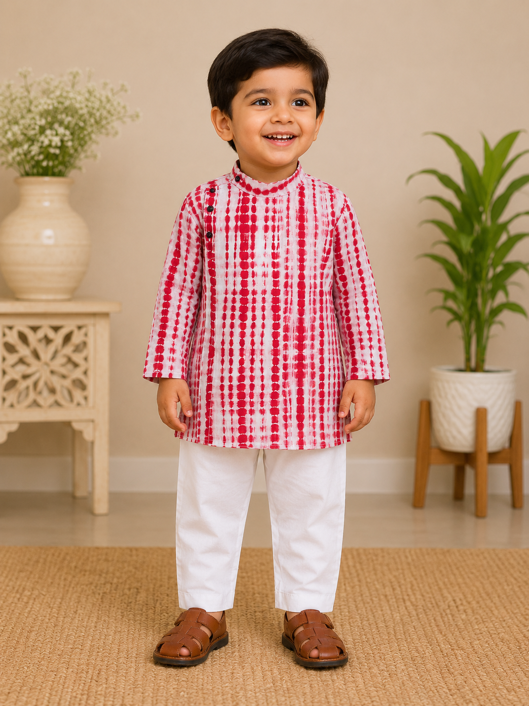 Boys Red Shibori Awadh Kurta Set