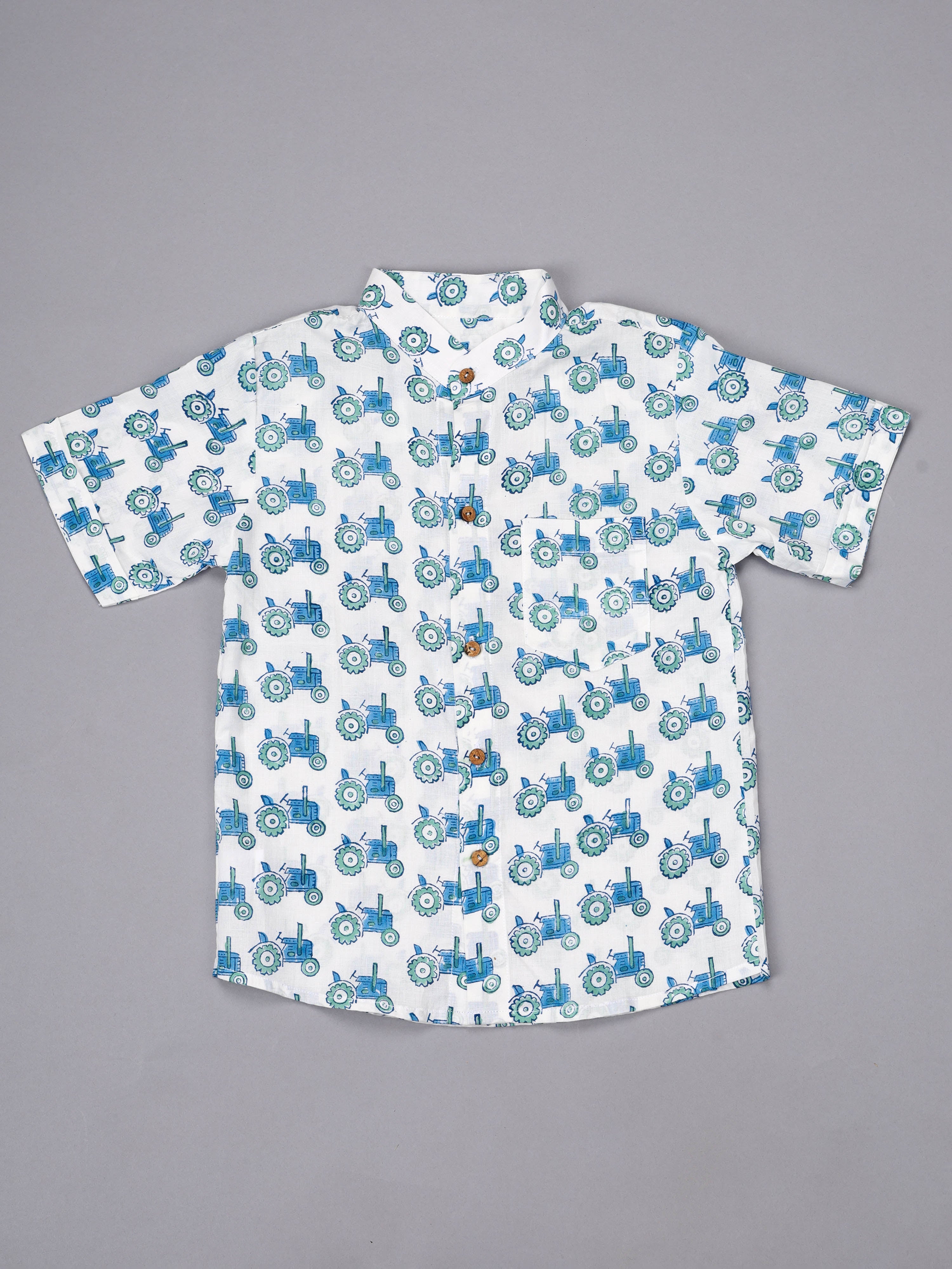 Blue Tractor Block Print Kids Shorts Set