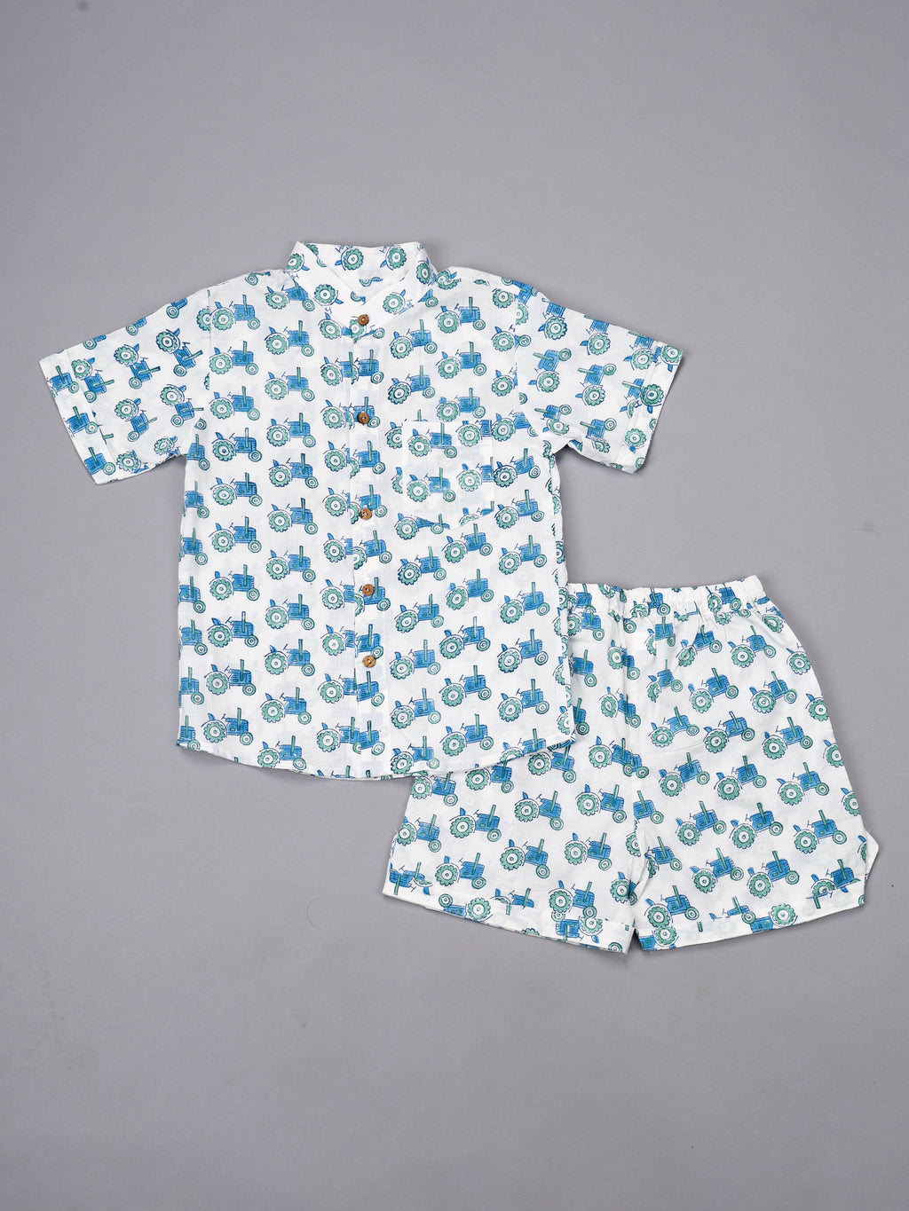Blue Tractor Block Print Kids Shorts Set