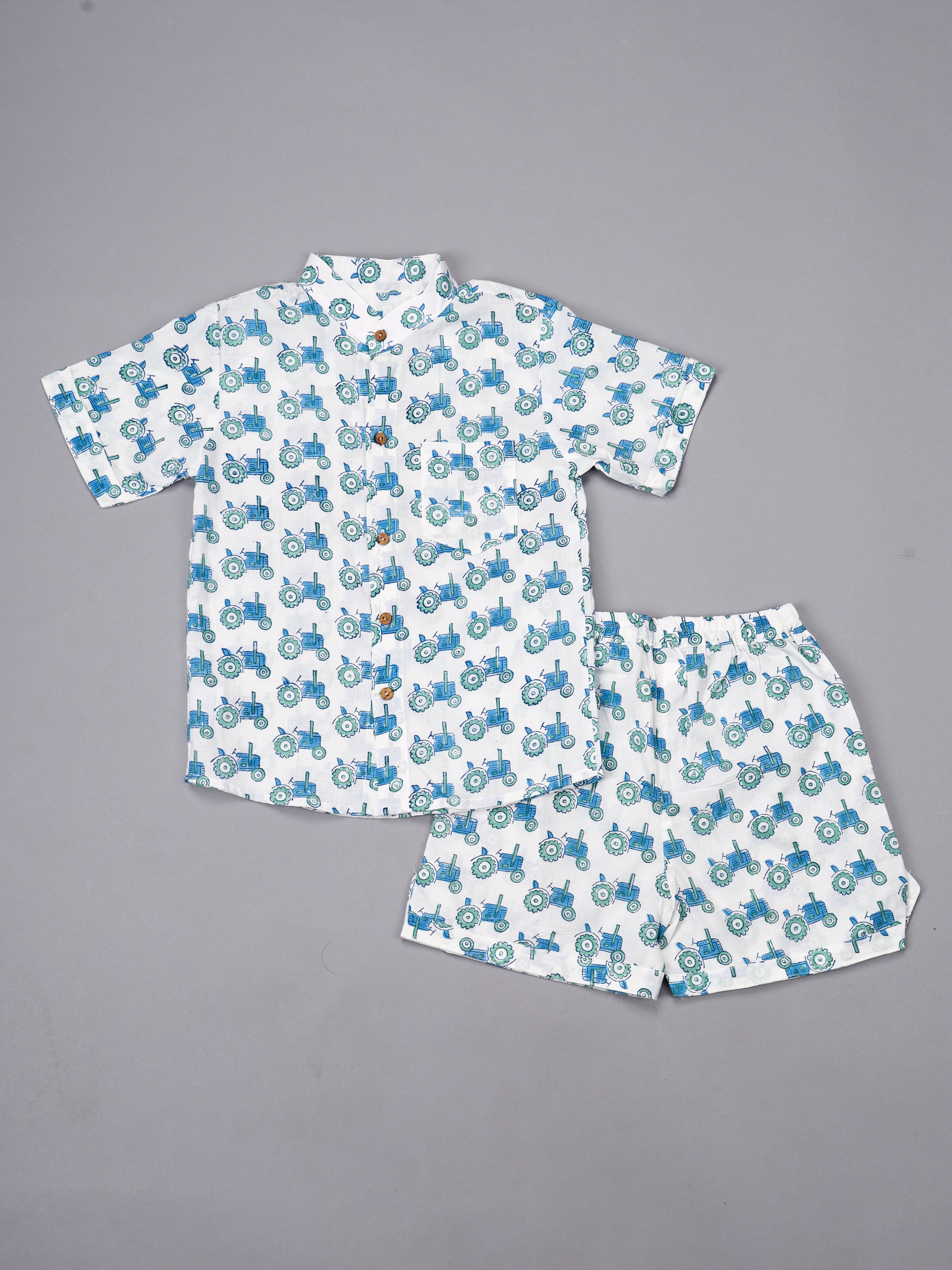Blue Tractor Block Print Kids Shorts Set