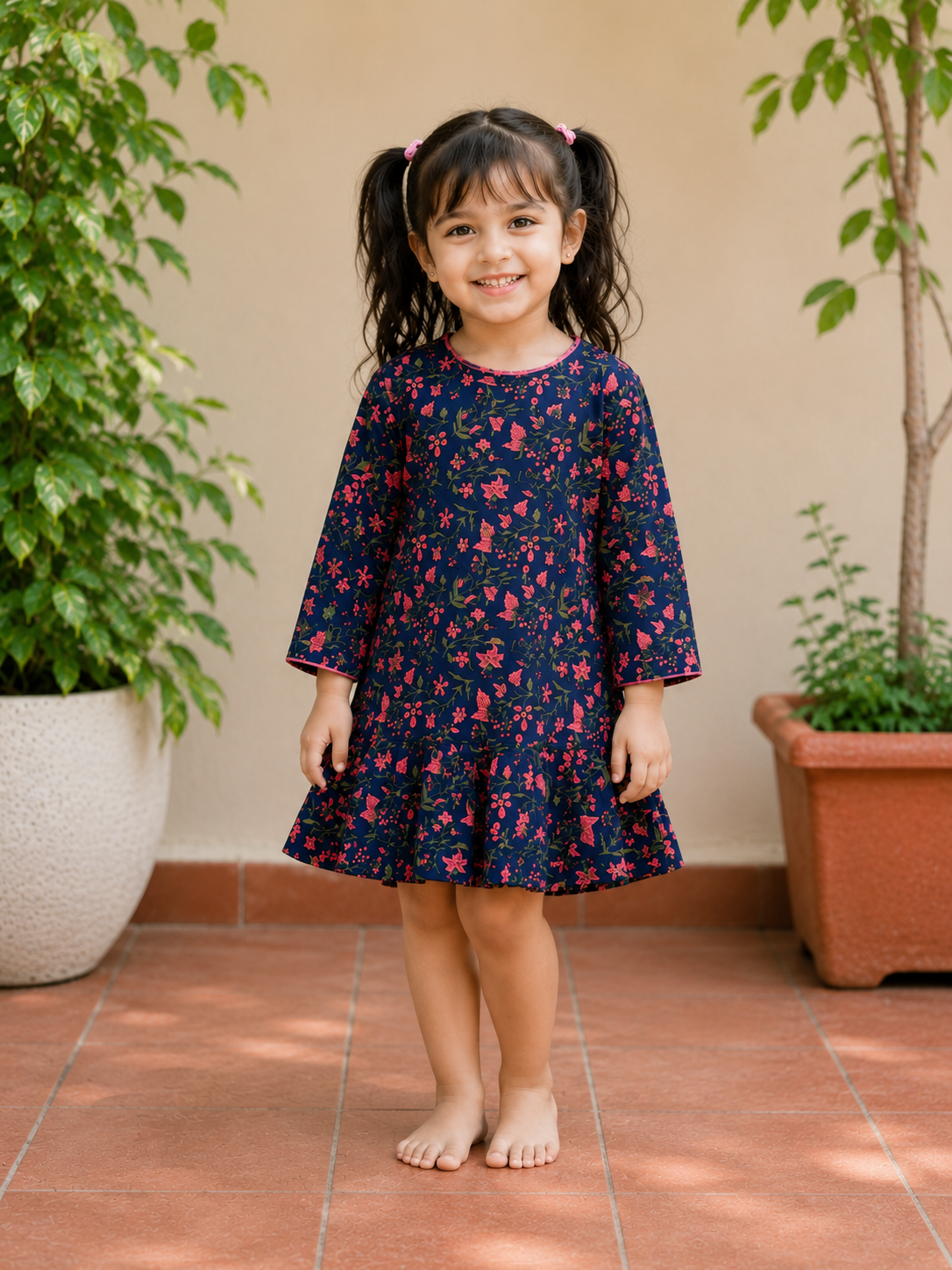 Girls Navy Blue Floral Knife Pleated Dress