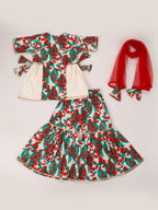 Girls Red Floral Kurta Sharara Set