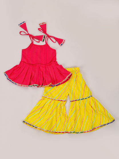 Magenta Kantha Tie up top With Yellow Leheriya Sharara set