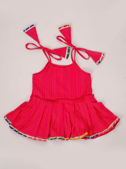 Magenta Kantha Tie up top With Yellow Leheriya Sharara set