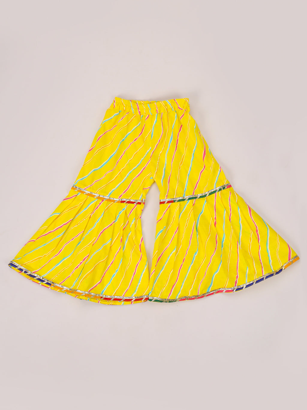Magenta Kantha Tie up top With Yellow Leheriya Sharara set