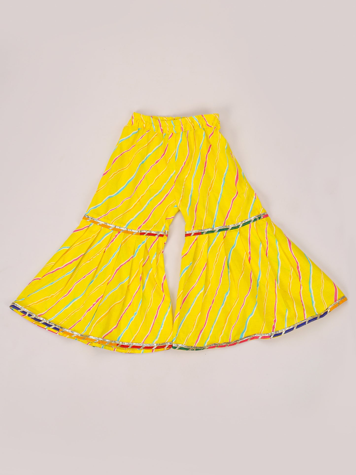 Magenta Kantha Tie up top With Yellow Leheriya Sharara set