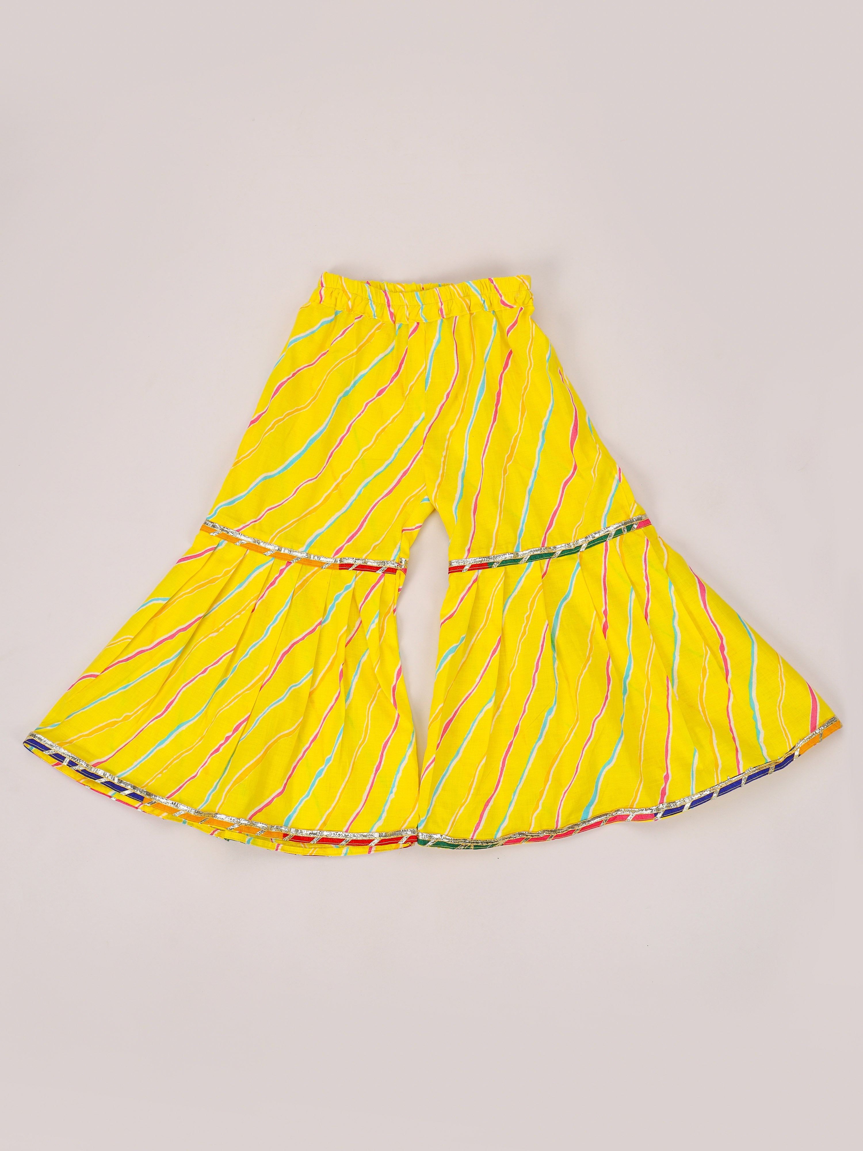 Magenta Kantha Tie up top With Yellow Leheriya Sharara set