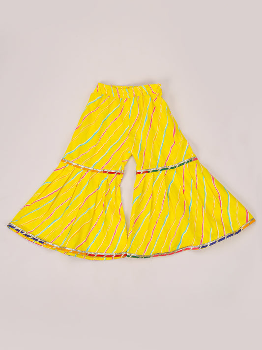 Magenta Kantha Tie up top With Yellow Leheriya Sharara set