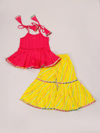 Magenta Kantha Tie up top With Yellow Leheriya Sharara set