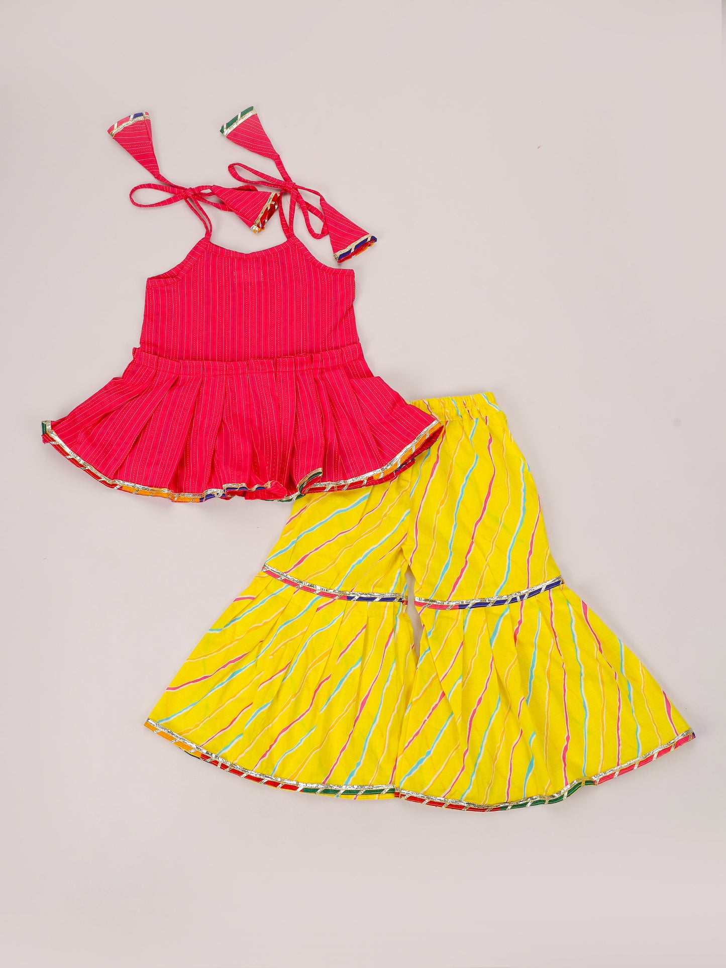 Magenta Kantha Tie up top With Yellow Leheriya Sharara set