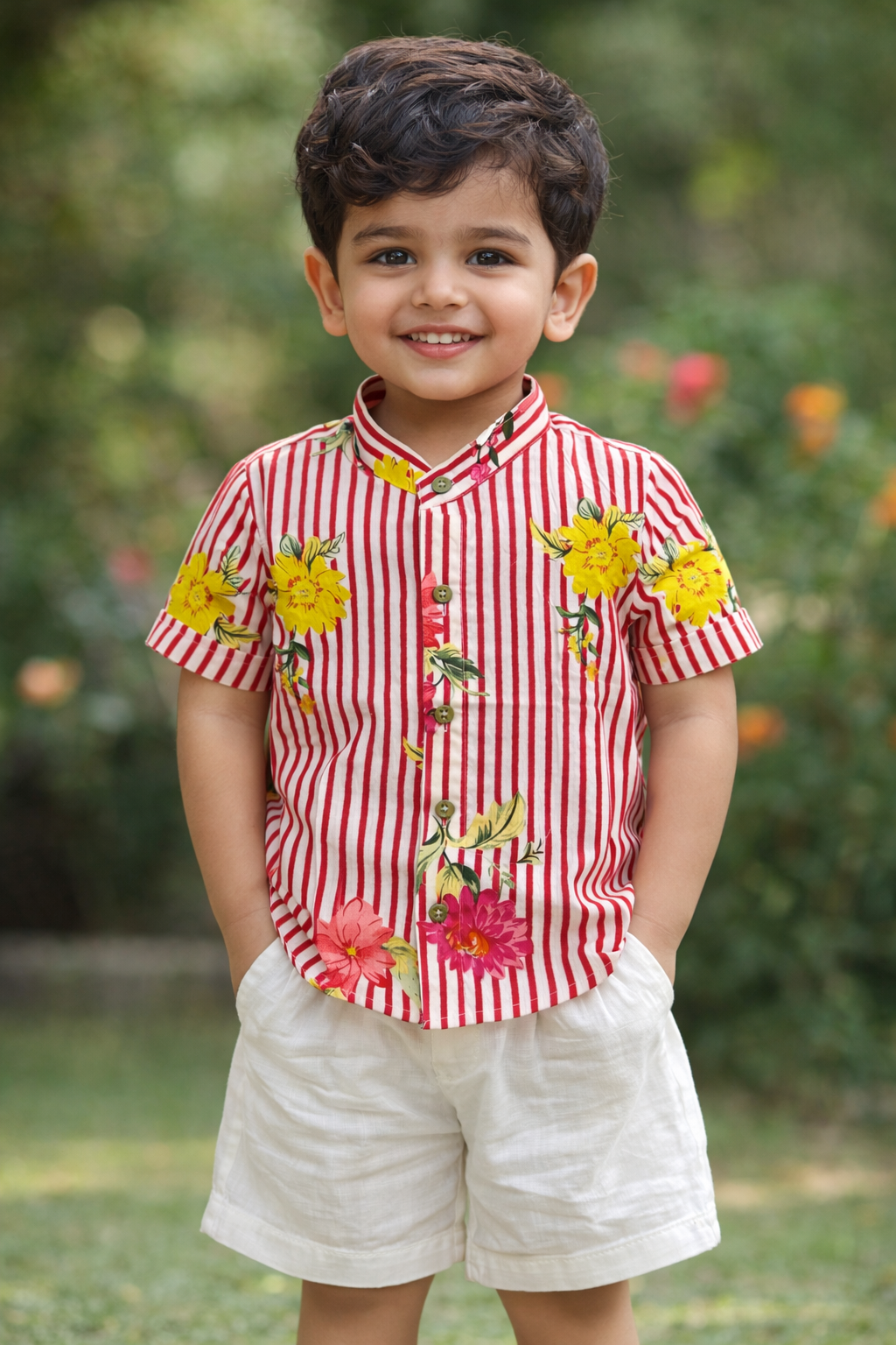 Red Linear Boys Shorts Set