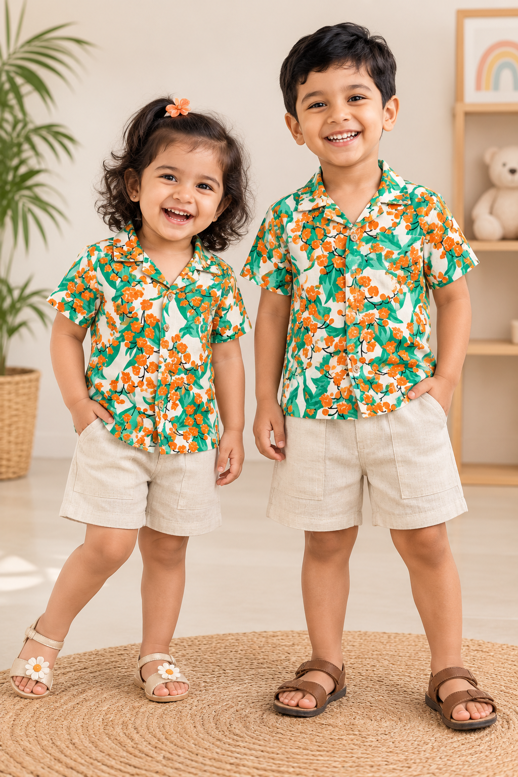 Orange Floral Flex Kids Shorts Set