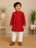 Boys Red Floral Awadh Neck Kurta Set