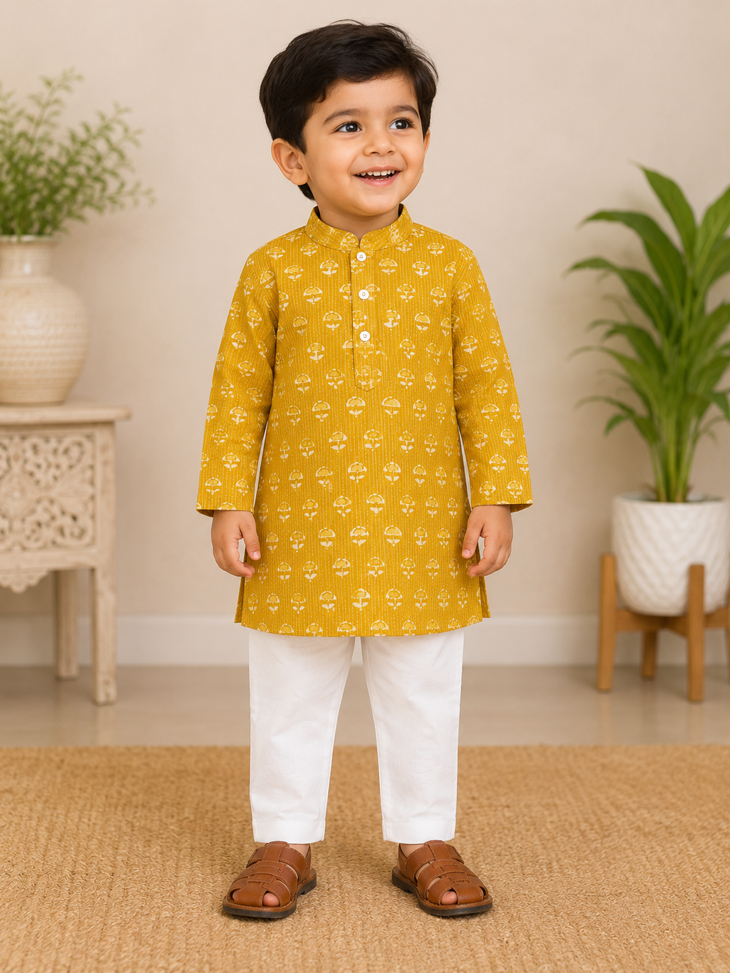 Boys Mustard Kantha Kurta Set
