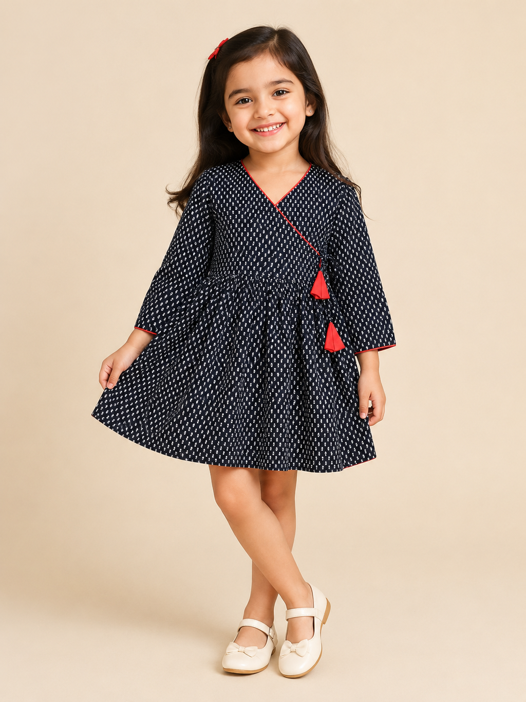 Girls Black Motif Tie Up V-Neck Angrakha Dress