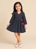 Girls Black Motif Tie Up V-Neck Angrakha Dress