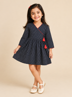 Girls Black Motif Tie Up V-Neck Angrakha Dress
