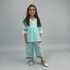 Aqua Blue Motif Angrakha Culottes