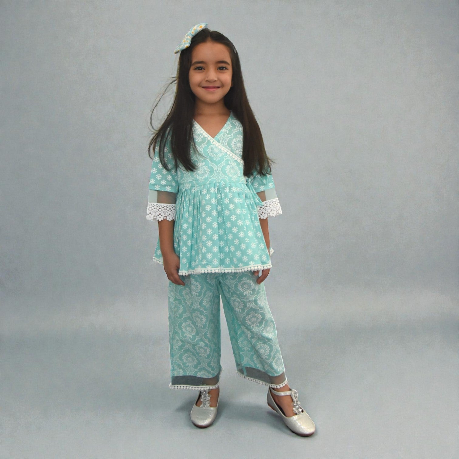 Aqua Blue Motif Angrakha Culottes