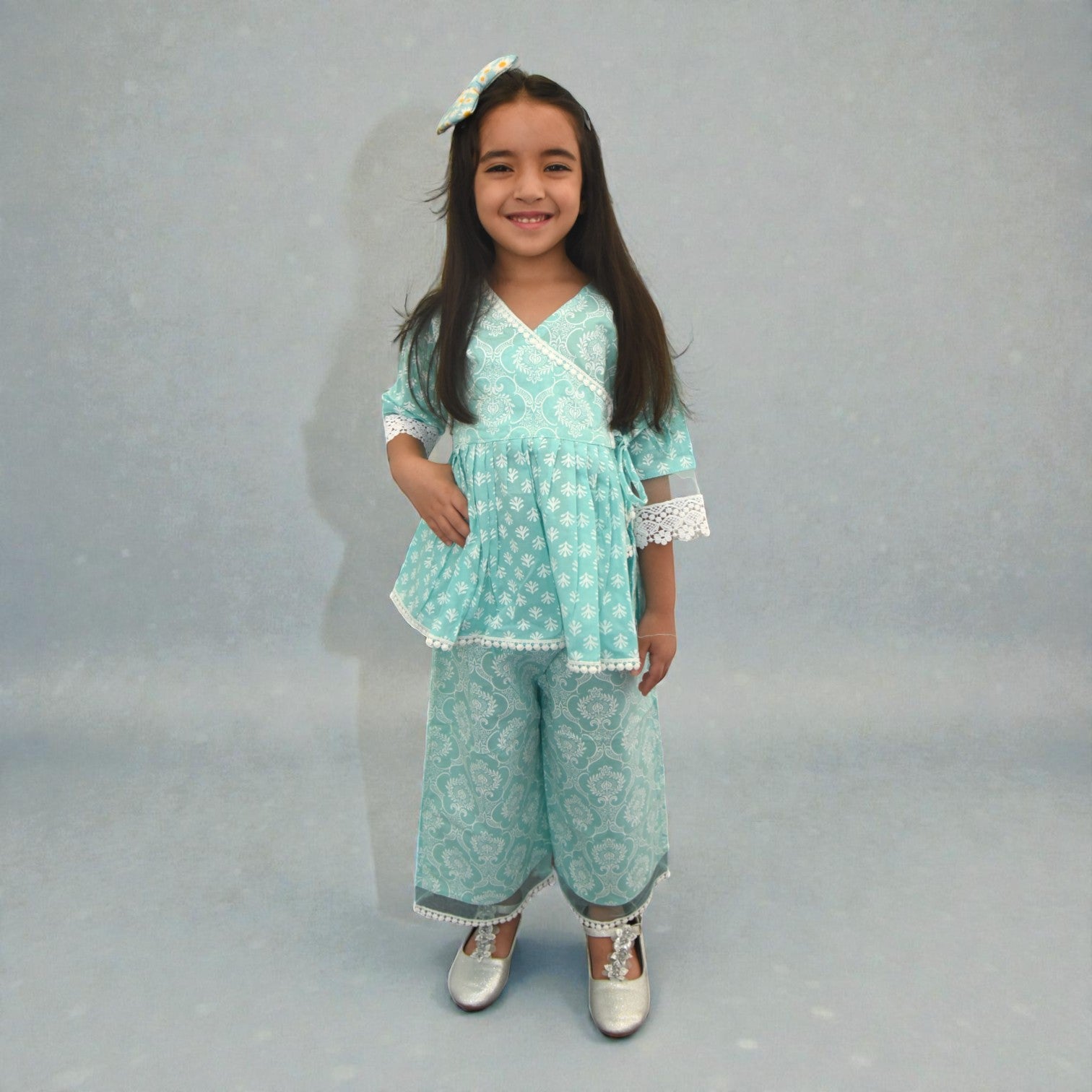 Aqua Blue Motif Angrakha Culottes