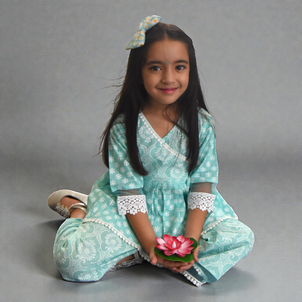 Aqua Blue Motif Angrakha Culottes