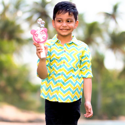 Boys Aqua Lime Chevron Spread Collar Full Sleeves Shirt