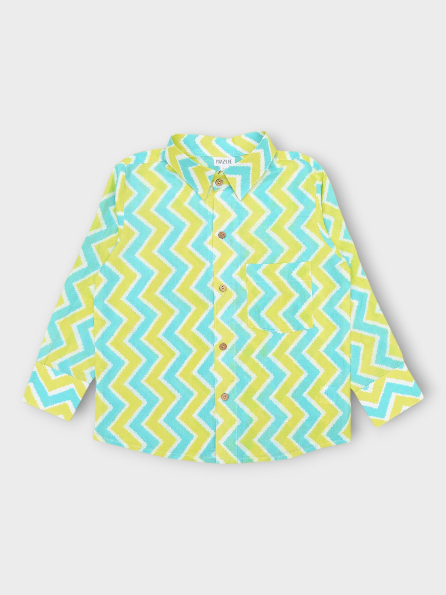 Boys Aqua Lime Chevron Spread Collar Full Sleeves Shirt