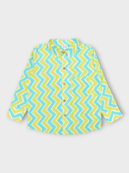 Boys Aqua Lime Chevron Spread Collar Full Sleeves Shirt