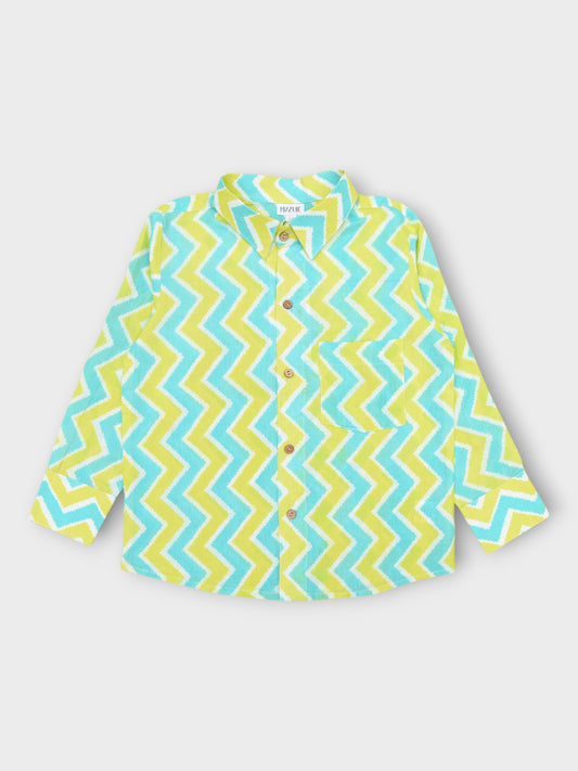 Boys Aqua Lime Chevron Spread Collar Full Sleeves Shirt