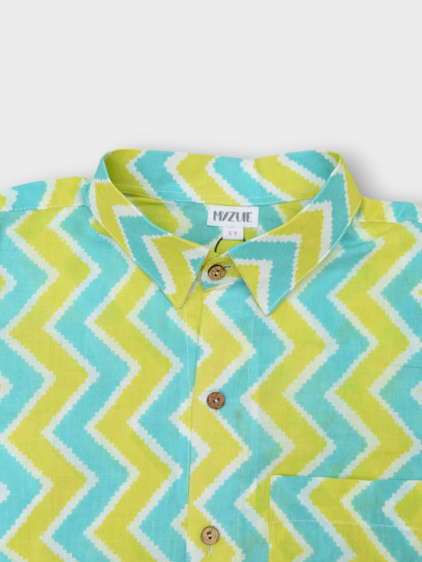 Boys Aqua Lime Chevron Spread Collar Full Sleeves Shirt