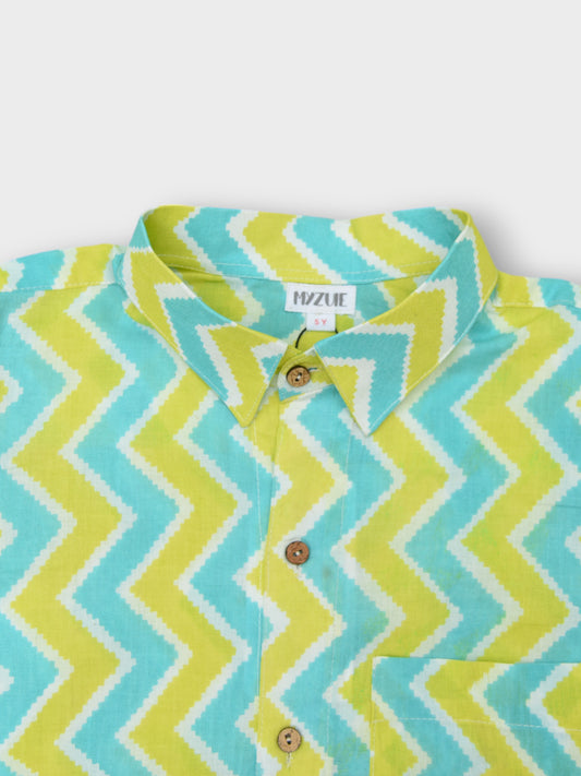 Boys Aqua Lime Chevron Spread Collar Full Sleeves Shirt