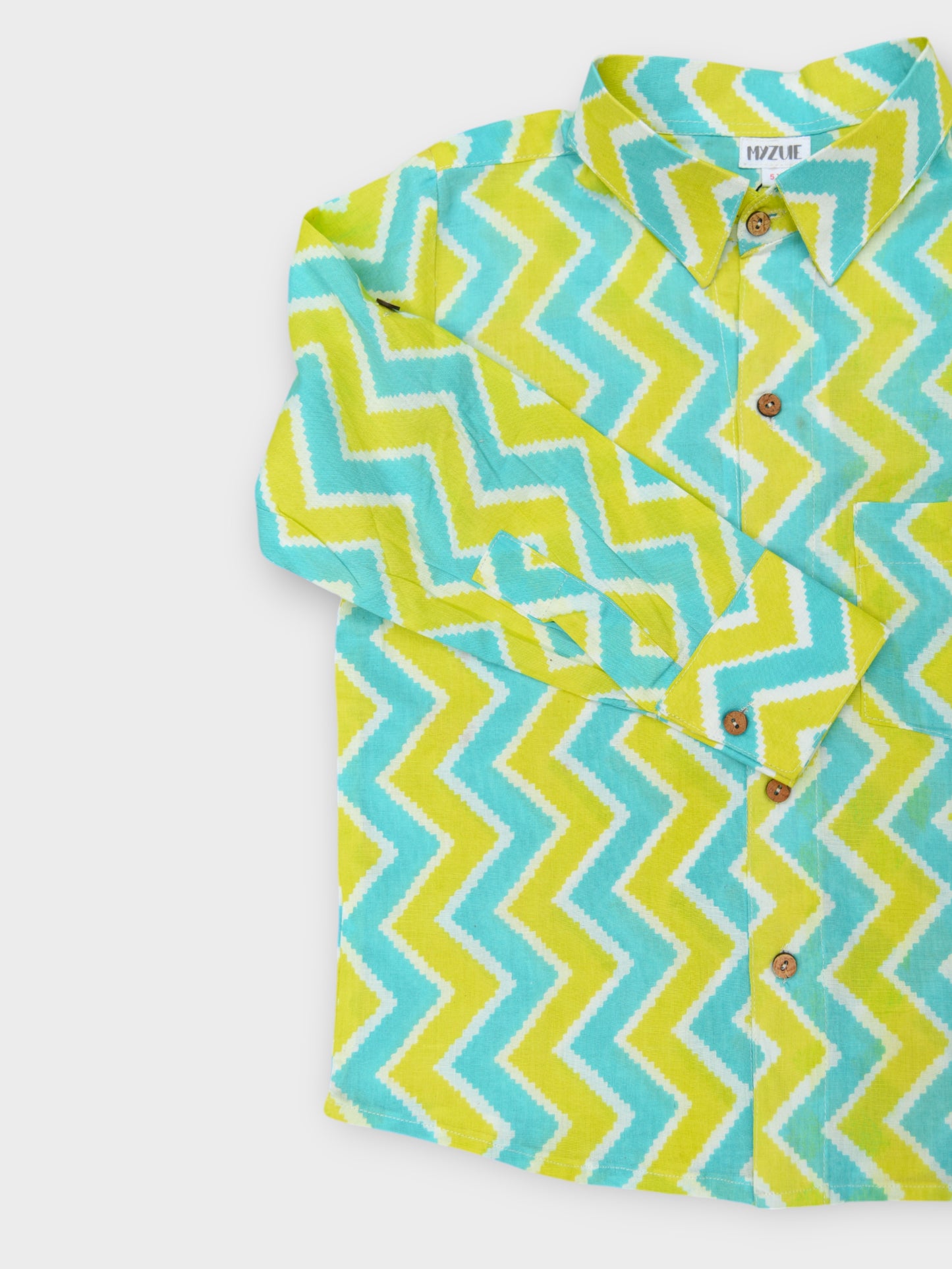 Boys Aqua Lime Chevron Spread Collar Full Sleeves Shirt