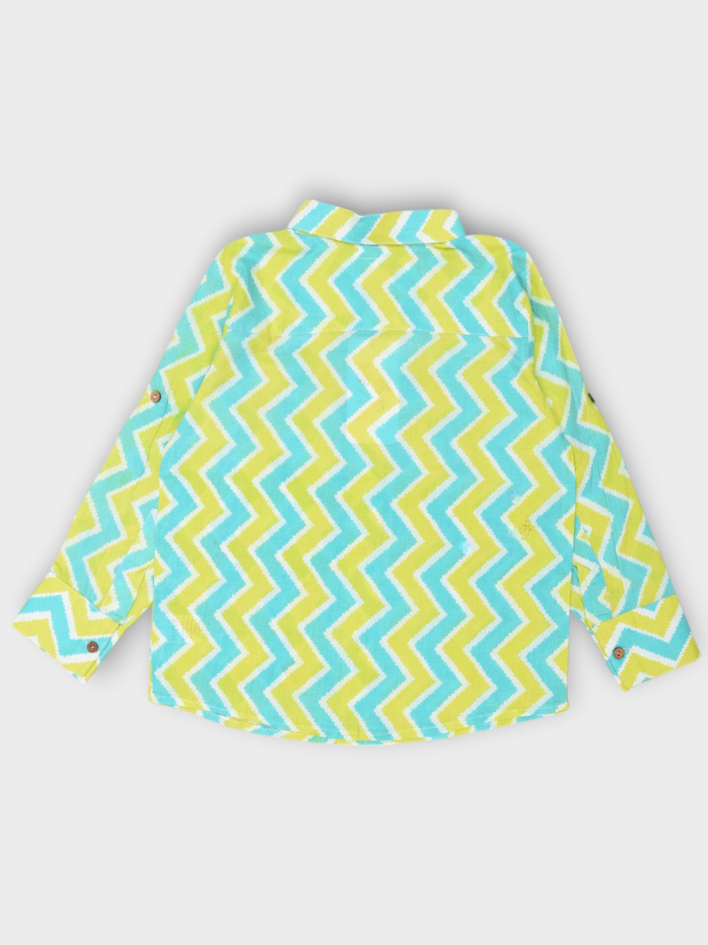 Boys Aqua Lime Chevron Spread Collar Full Sleeves Shirt