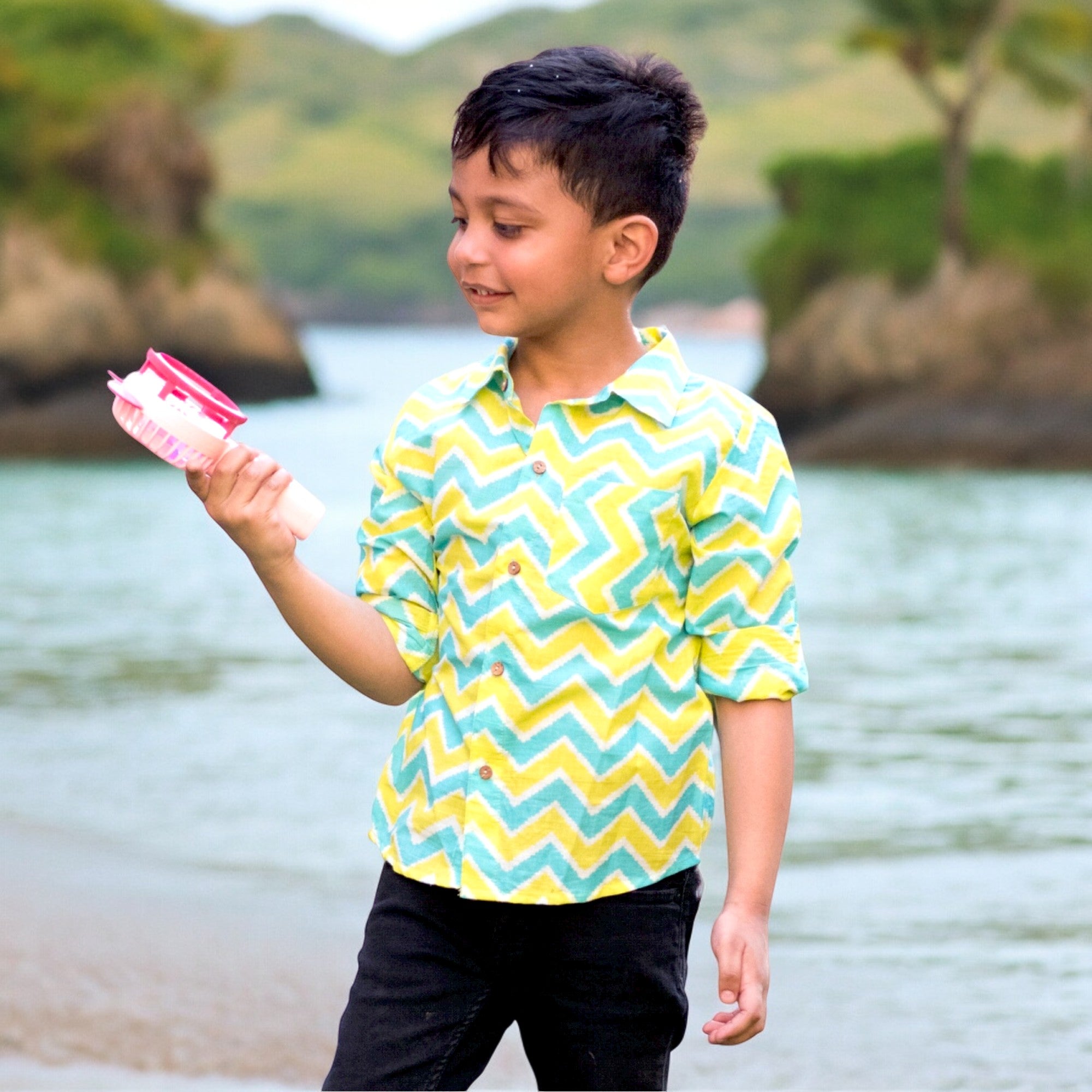Boys Aqua Lime Chevron Spread Collar Full Sleeves Shirt